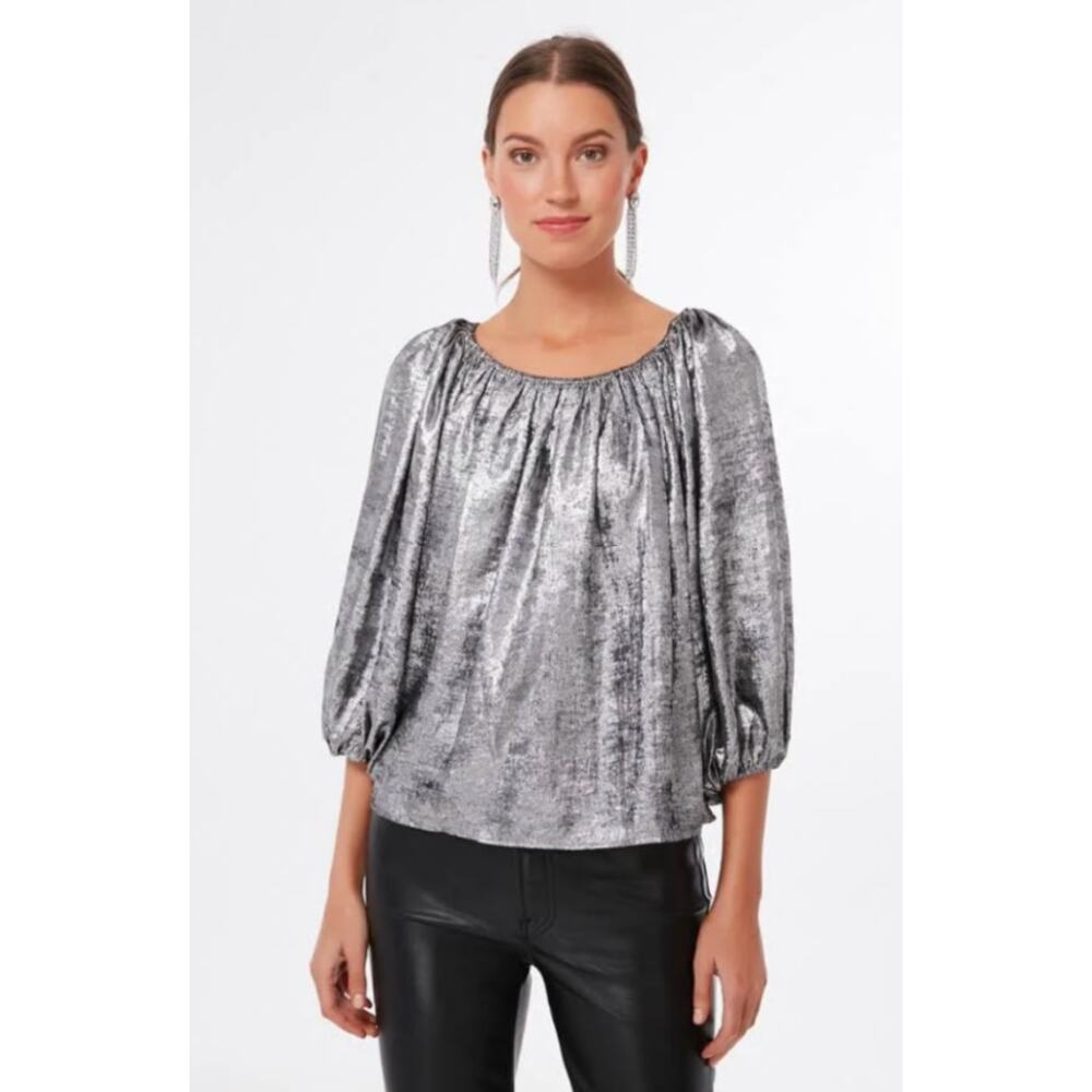 THE GREAT Silver Glam The Palmette Blouse Top Women's Size 2 US‎ Medium NWT - Picture 2 of 11